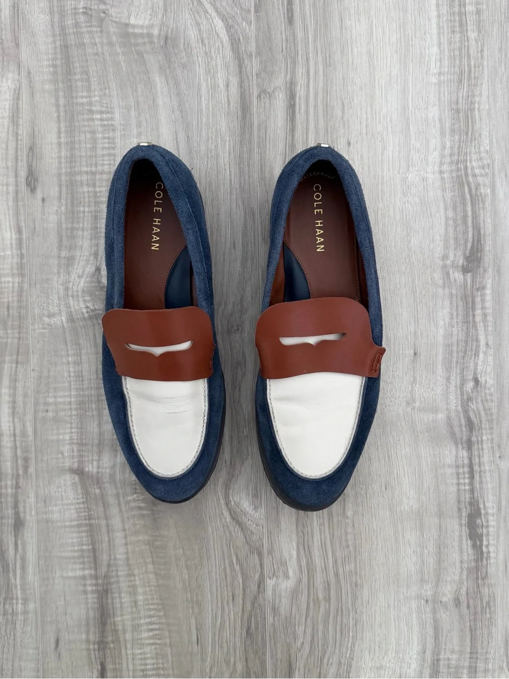 Cole Haan Blue Suede, White Leather & Brown Penny Loafers